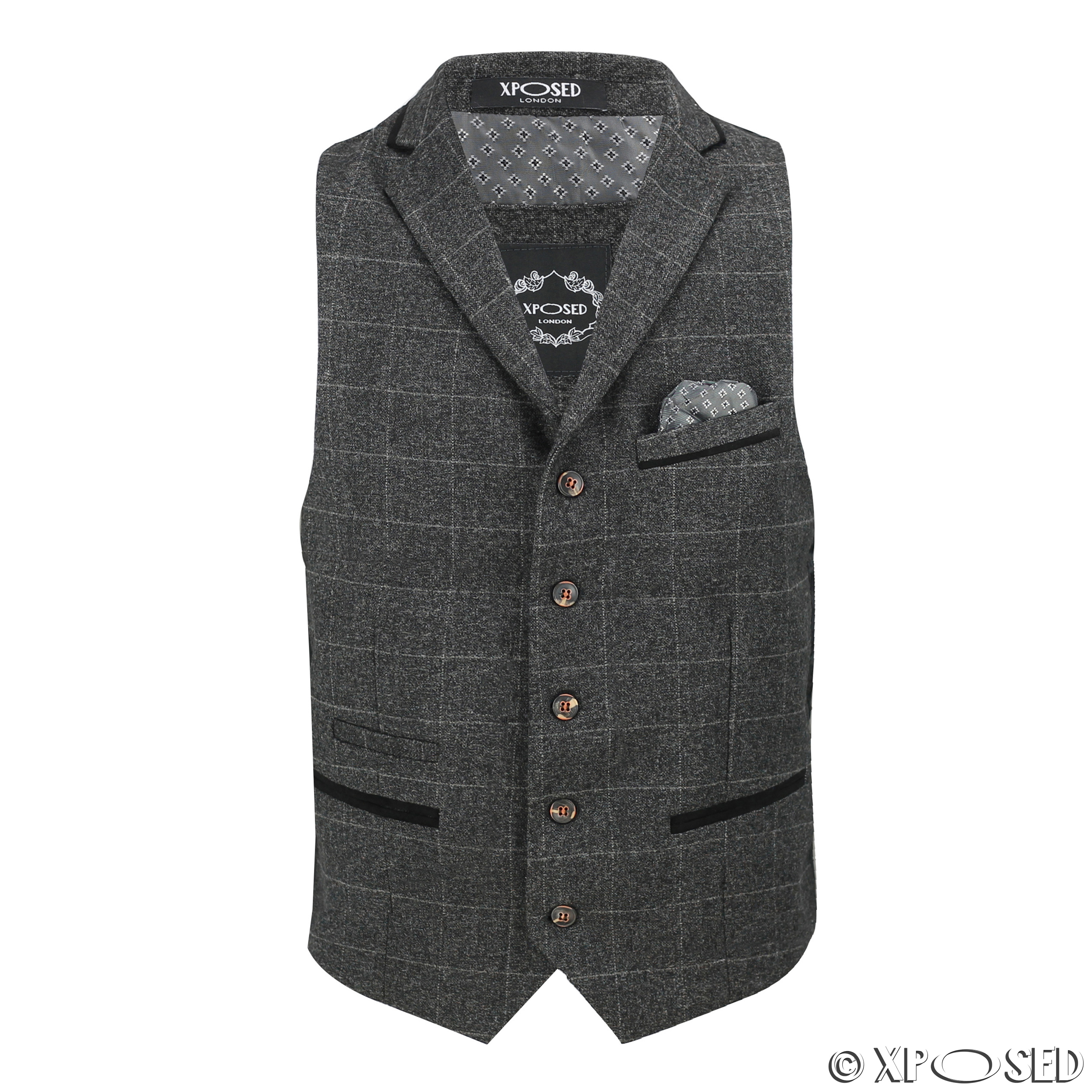 Mens Herringbone Tweed Check Vintage Collar Waistcoat Casual Tailored